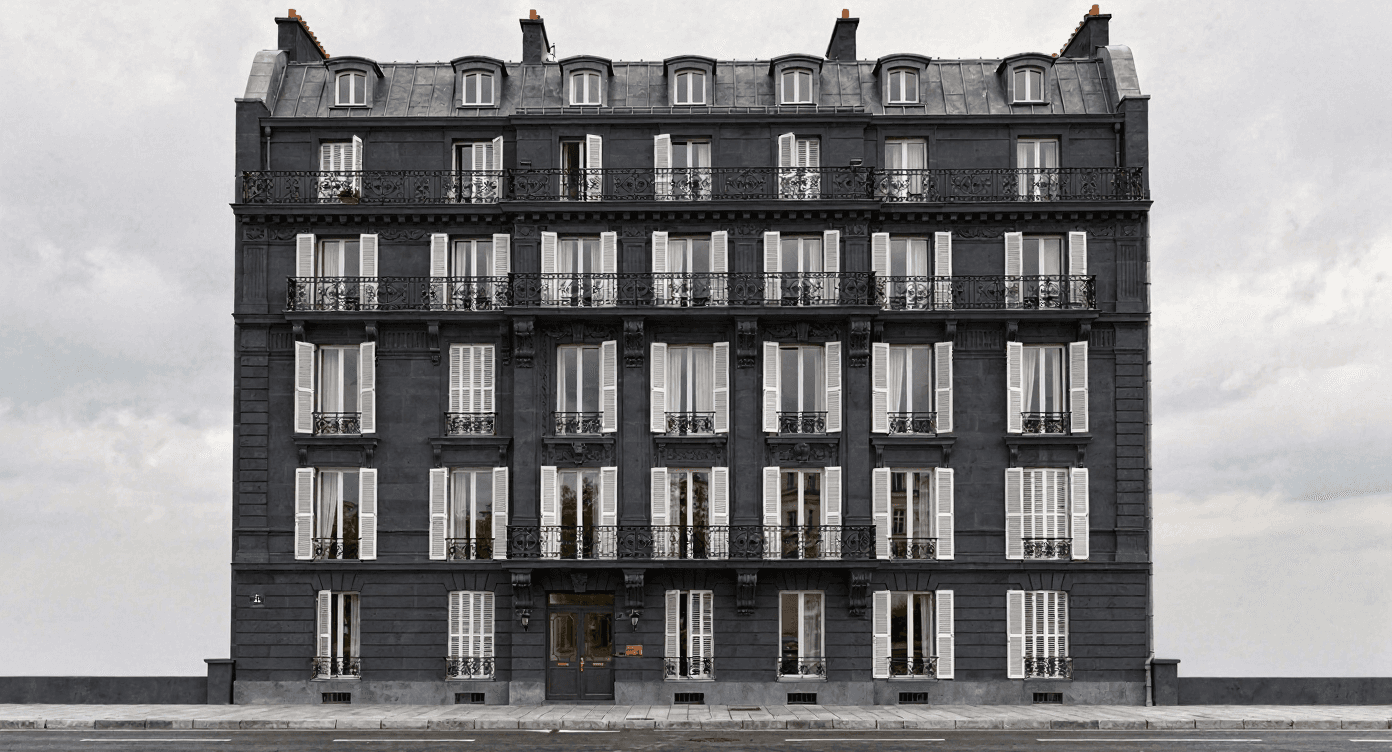 AI facade edit applying dark stone cladding to a Haussmann-style building, Archvisio