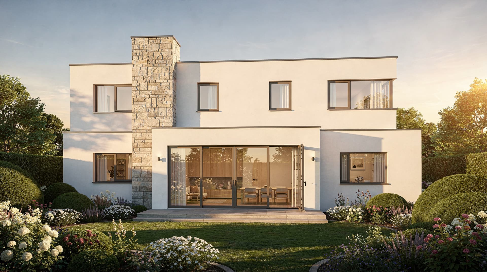 AI-generated photorealistic render of a private family home with natural stone chimney, sliding glass doors and lush garden, Archvisio