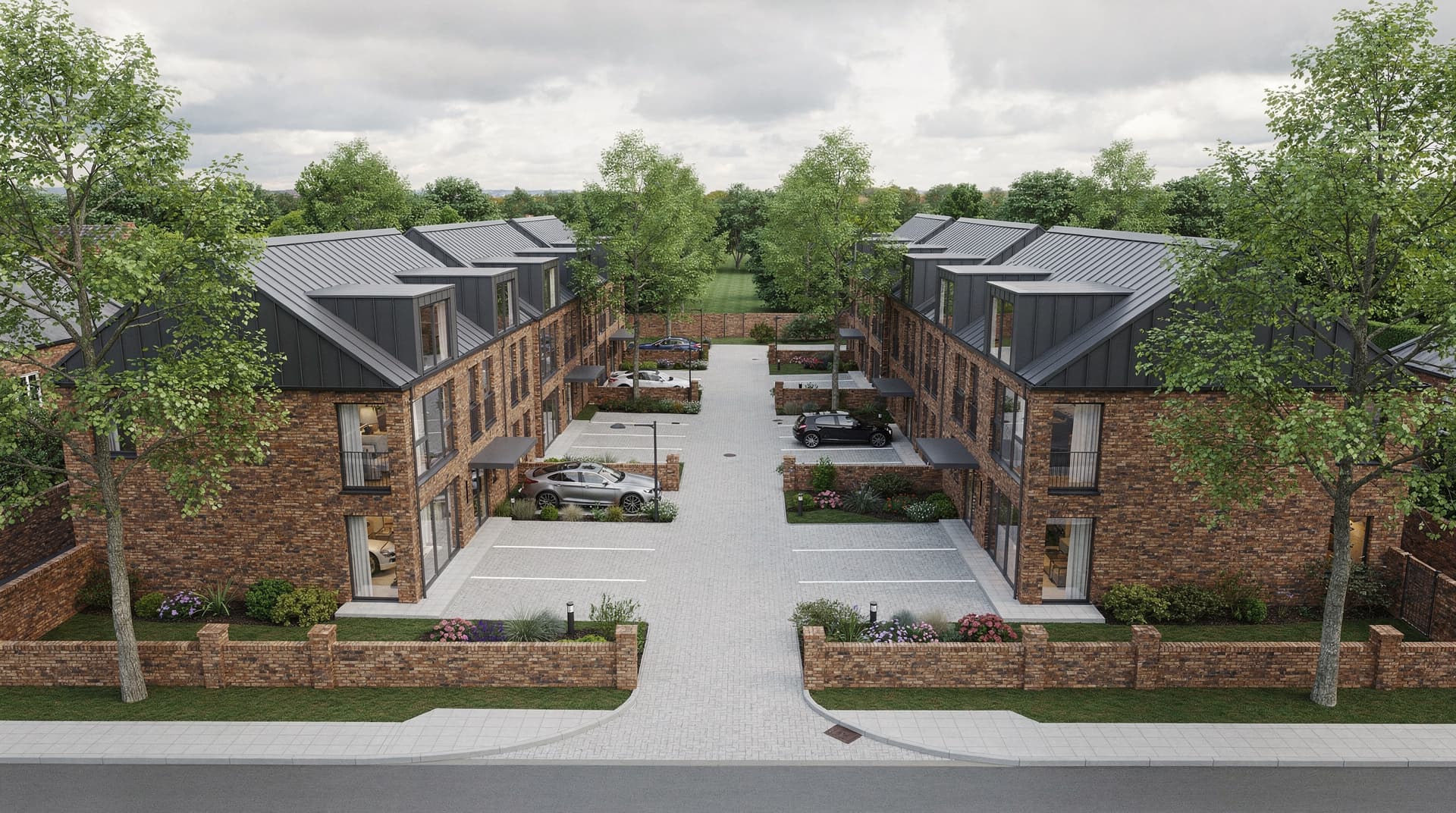 AI-generated aerial perspective render of a 12-townhouse residential development with courtyard parking and mature planting, Archvisio