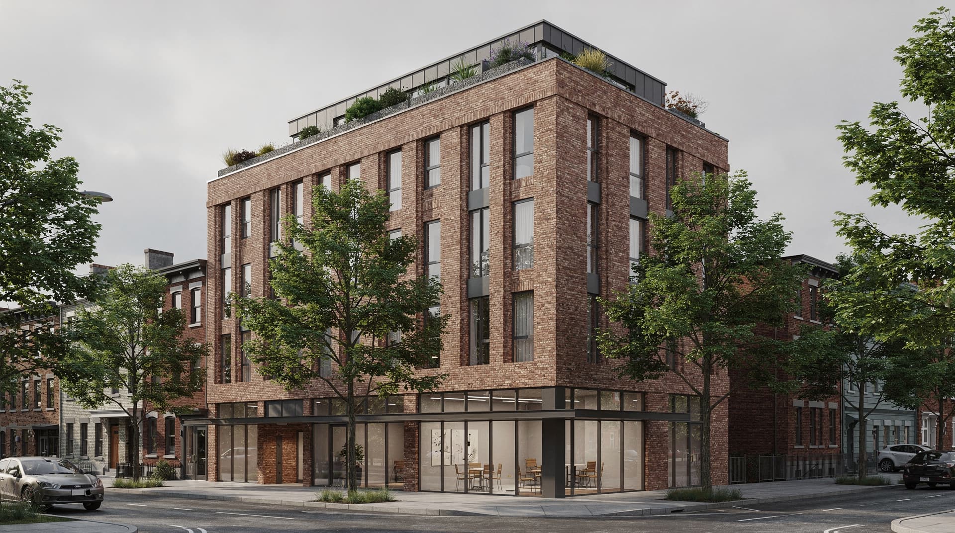 AI-generated photorealistic render of a 5-storey urban infill brick building with active ground floor, Archvisio