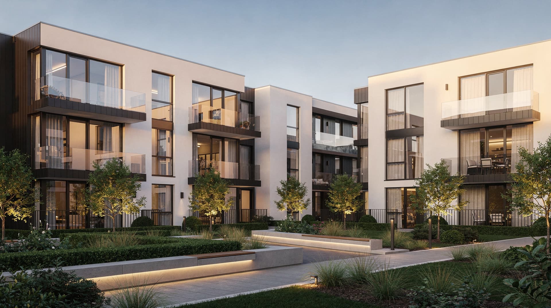 AI-generated photorealistic render of a premium contemporary residential development with white render and zinc cladding, Archvisio