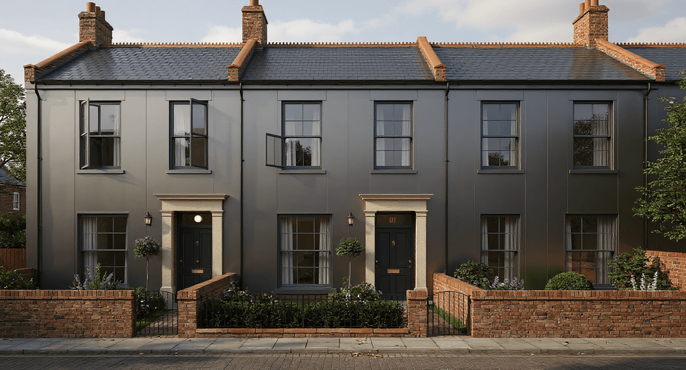 AI facade edit replacing red brick with dark graphite zinc cladding and floor-to-ceiling glazing on a residential terrace, Archvisio