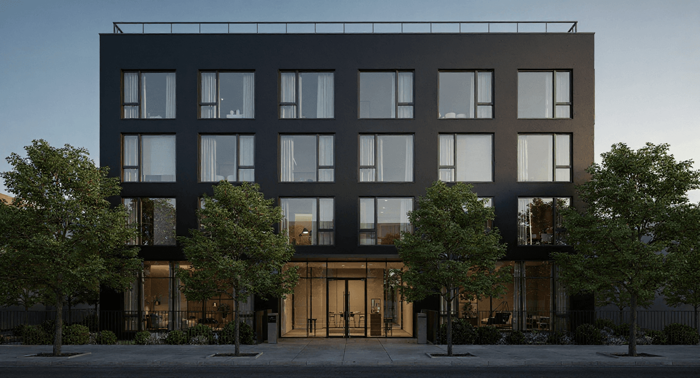 AI facade edit replacing white lime render with dark charcoal board-formed concrete on a contemporary apartment building, Archvisio