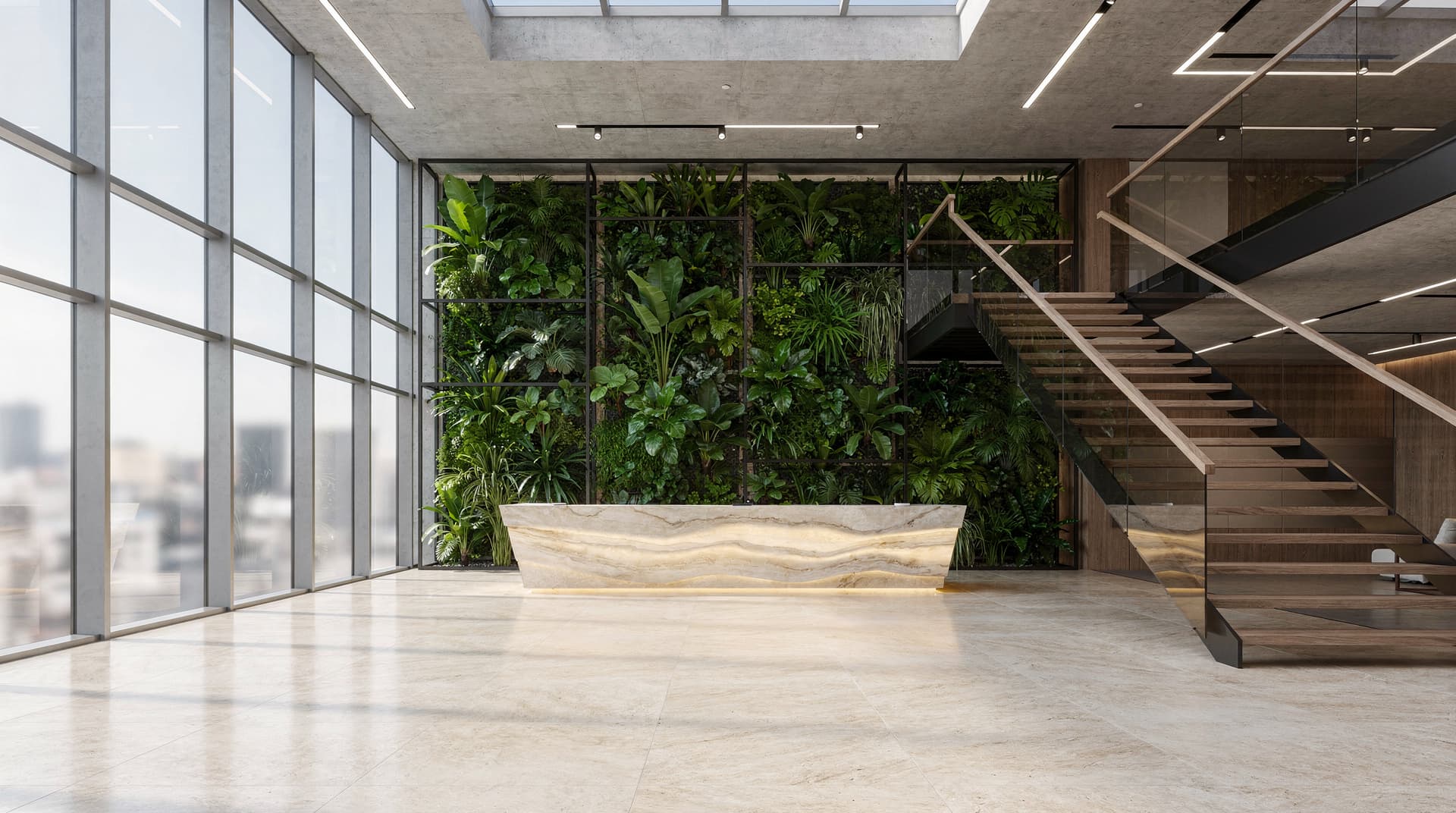 AI-generated photorealistic render of a contemporary commercial lobby with green wall and travertine floor, Archvisio