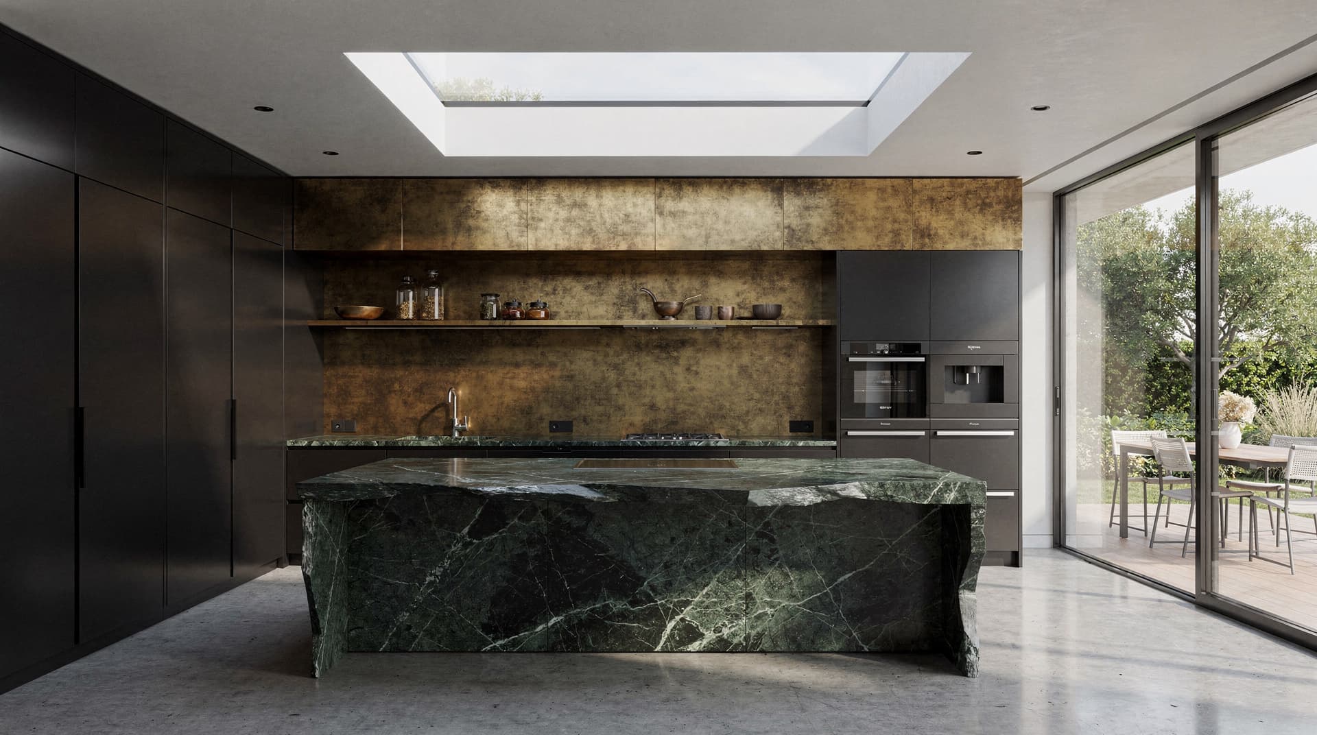 AI-generated photorealistic render of a bespoke contemporary kitchen with green marble island and dark steel cabinets, Archvisio