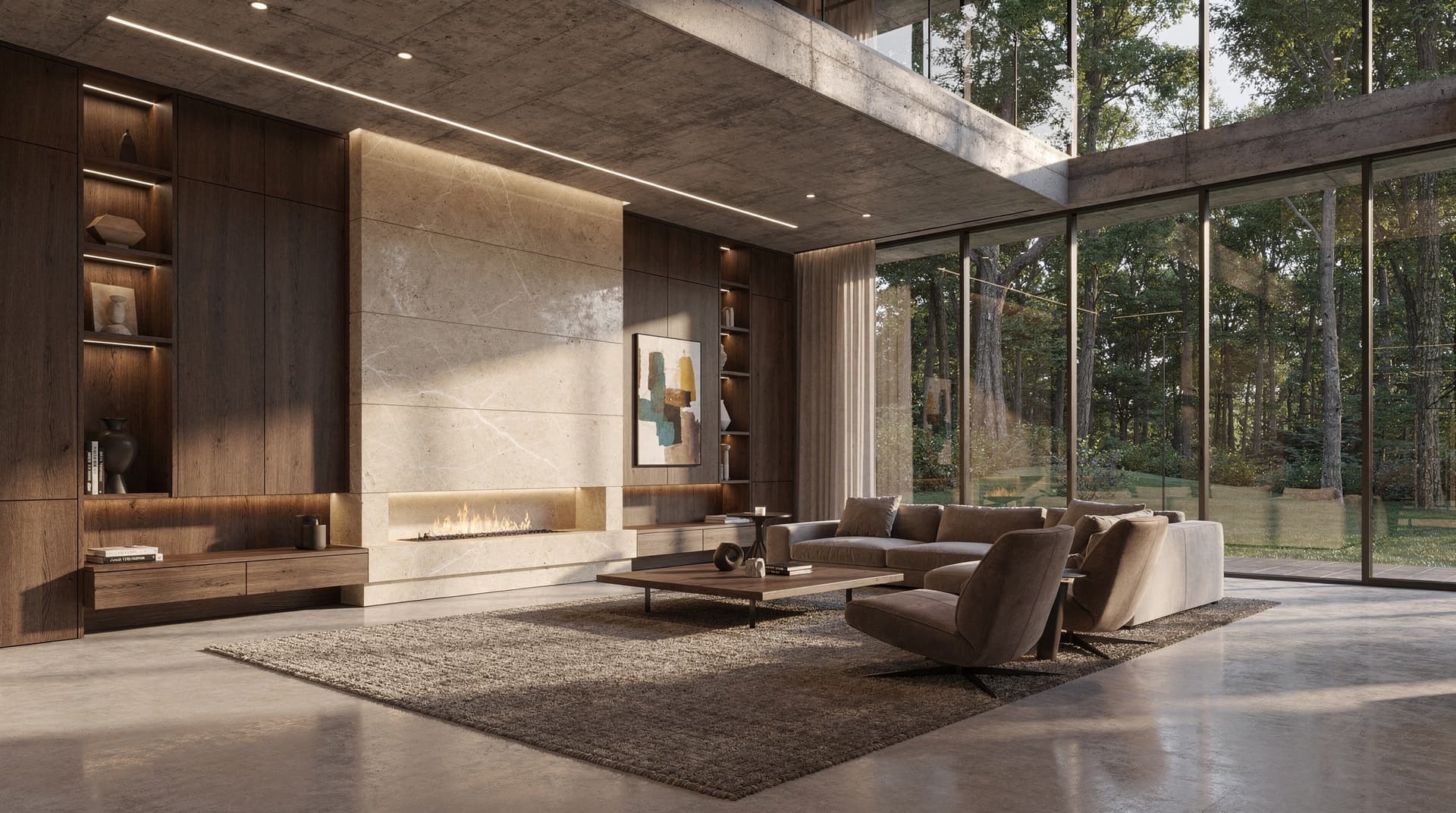 AI-generated photorealistic render of a luxury contemporary living room with double-height ceiling and full-width glazing, Archvisio