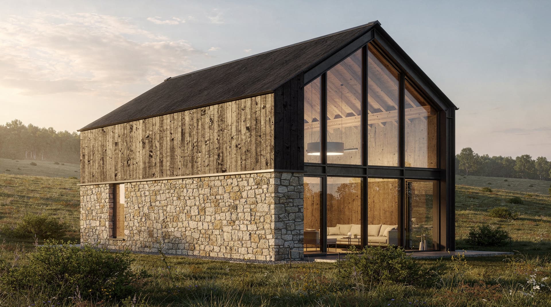 AI-generated photorealistic render of a contemporary rural new-build combining dark timber, limestone, and structural glazing, Archvisio