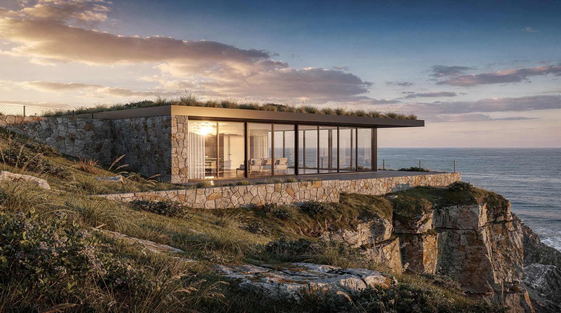 AI-generated photorealistic render of a contemporary coastal house integrated into a cliff-top site with ocean views, Archvisio