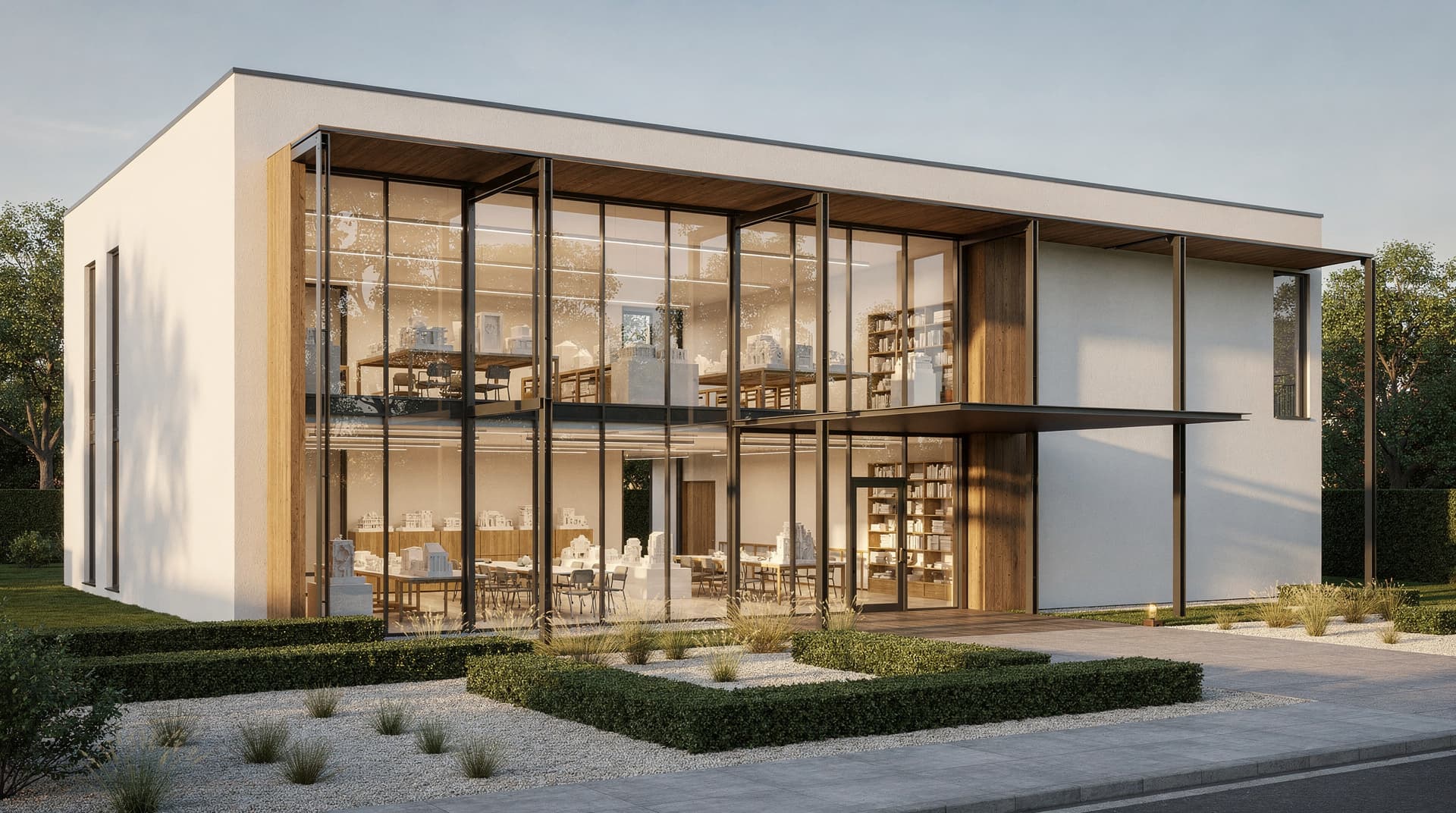 AI-generated photorealistic render of a converted industrial warehouse architecture studio with contemporary zinc extension, Archvisio