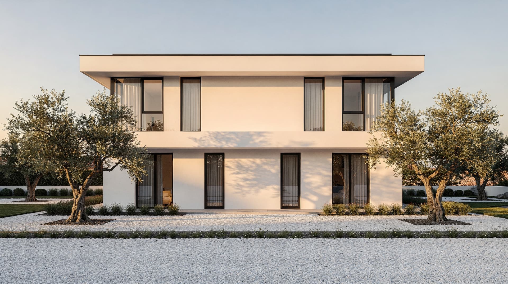 AI-generated photorealistic render of a refined contemporary villa with perfectly proportioned windows and curated landscaping, Archvisio