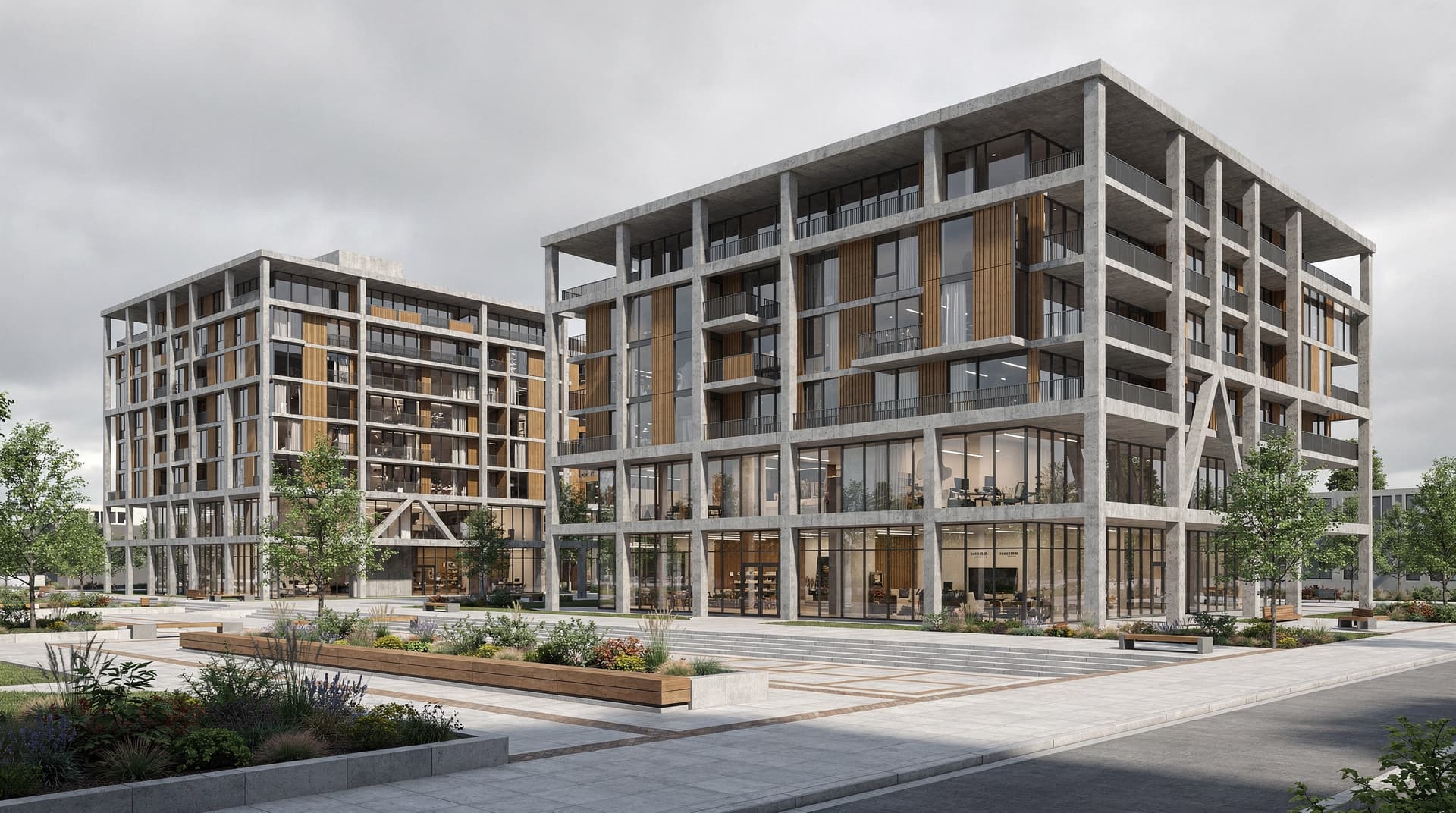AI-generated photorealistic render of a large mixed-use development with expressed concrete frame and varied facade treatments, Archvisio