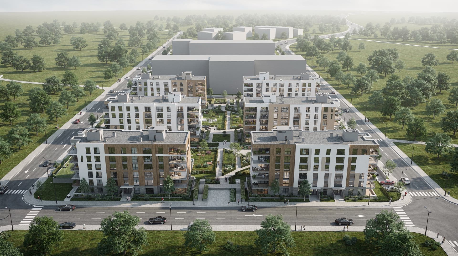 AI-generated aerial perspective render of a large residential development site with multiple building phases and green spaces, Archvisio