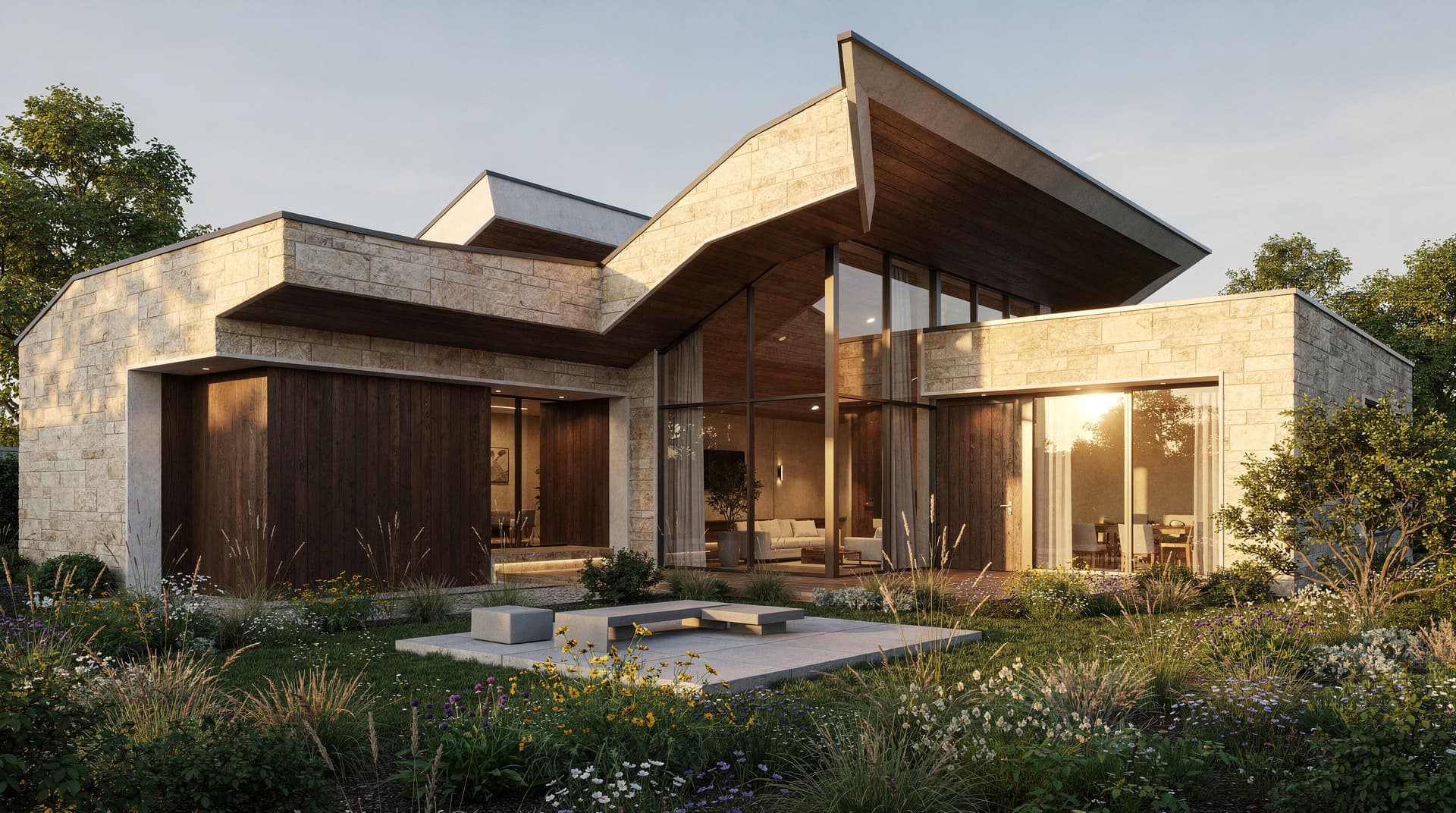 AI-generated photorealistic render of a bespoke private residence with local stone and dark timber, set in a wildflower garden, Archvisio