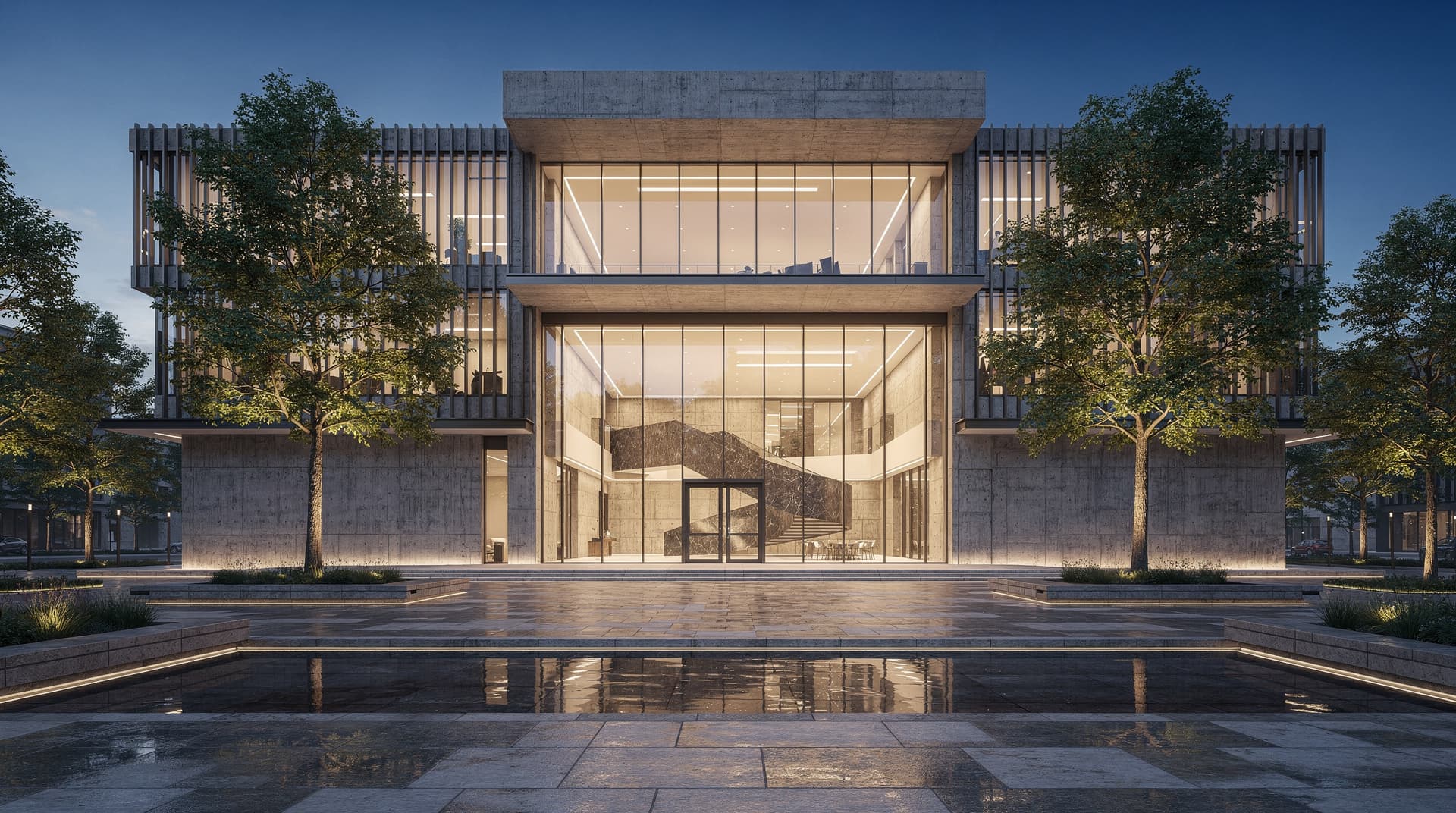 AI-generated photorealistic render of an award-winning contemporary office headquarters with glass curtain wall and public plaza at blue hour, Archvisio