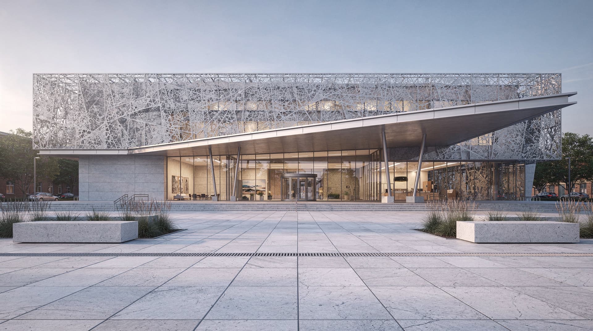 Competition-grade photorealistic render of a civic arts centre with perforated metal facade and public plaza, Archvisio