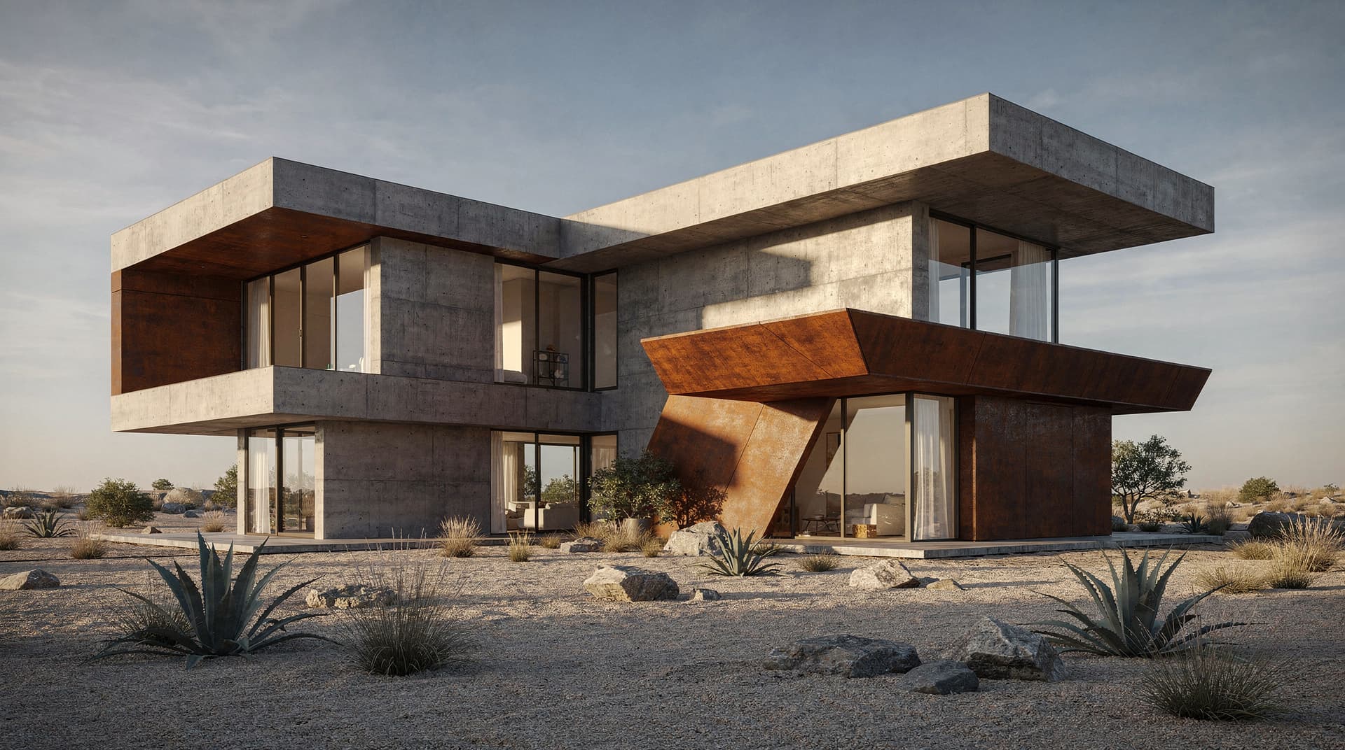AI-generated photorealistic render of an experimental contemporary concept villa with cantilevered volumes, Archvisio