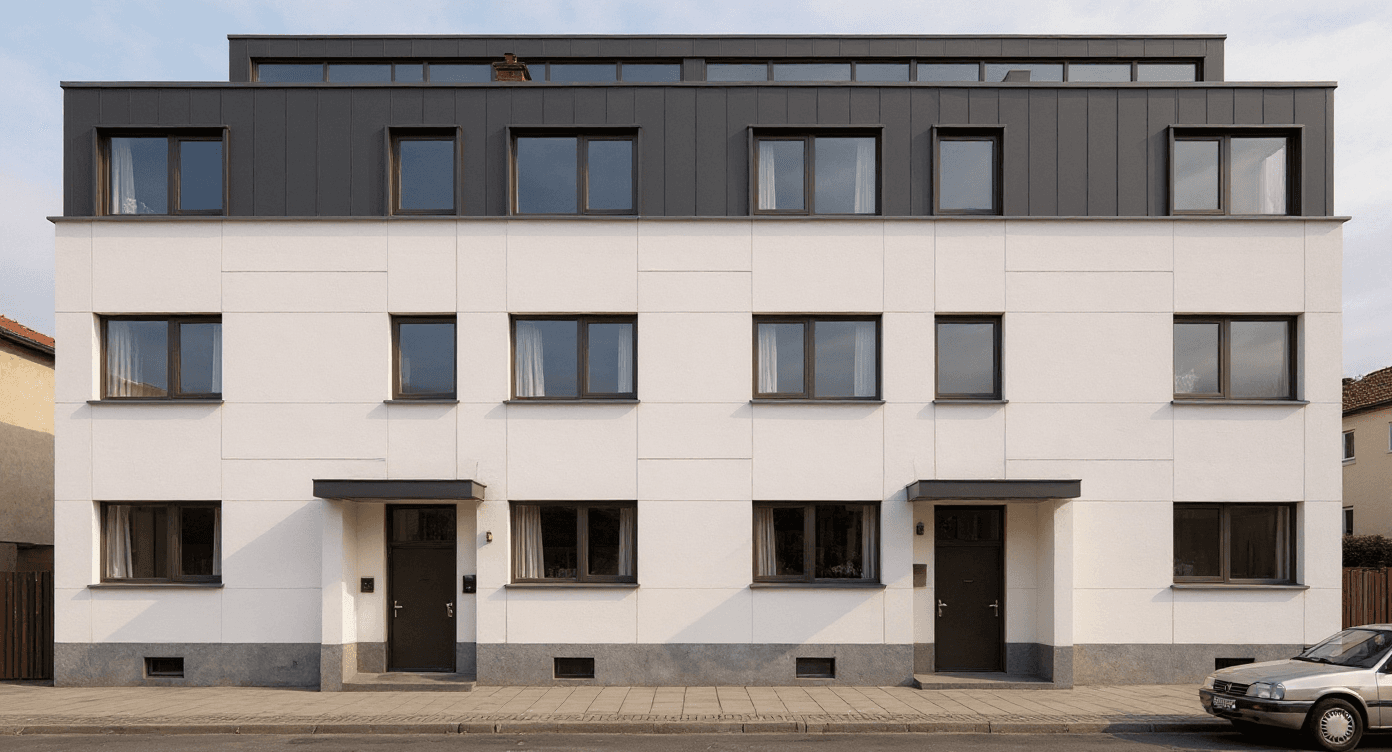AI-generated photorealistic render of a renovated apartment building with white lime render and bronze-framed glazing, Archvisio