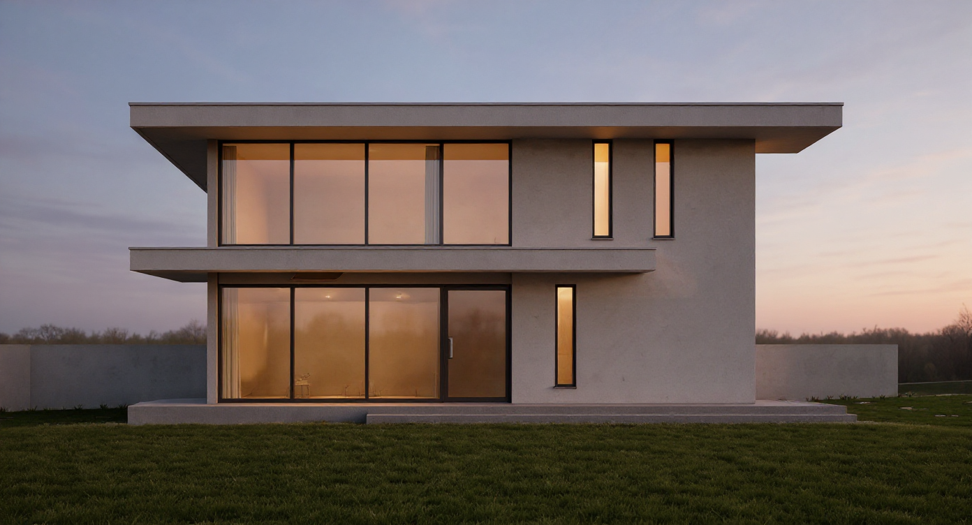 AI-generated photorealistic render of a modern villa exterior with clean lines and landscaping, Archvisio
