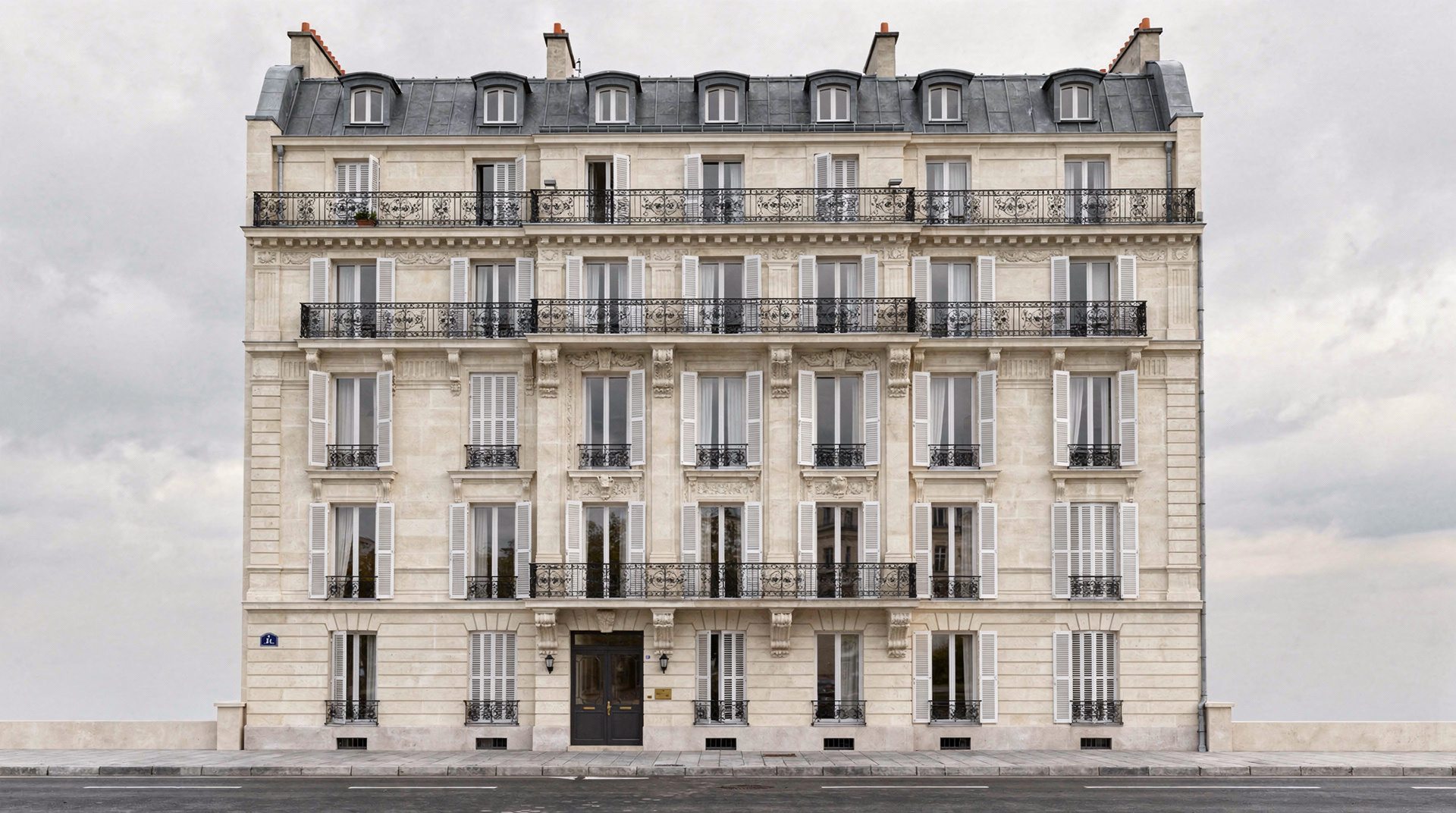 Original cream limestone Haussmann building facade before AI material edit, Archvisio
