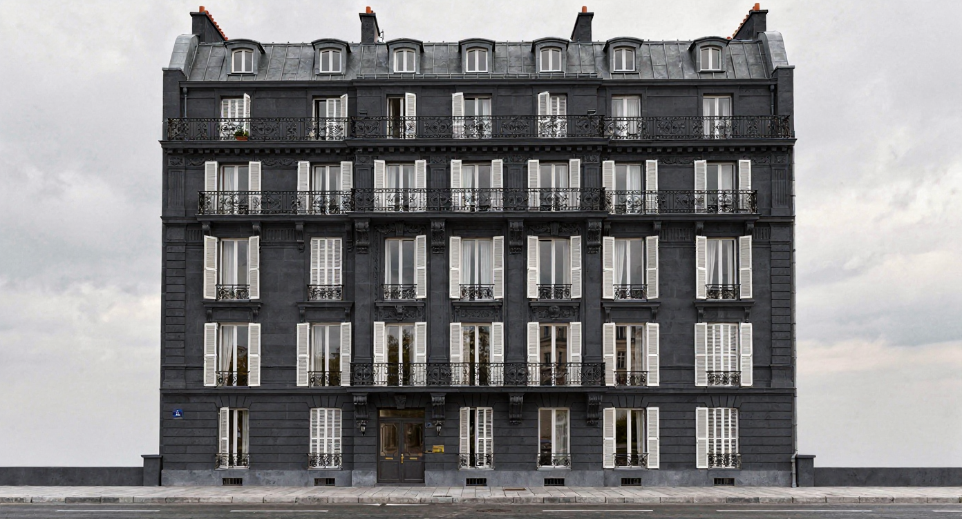 AI facade edit: dark anthracite stone cladding applied to a Haussmann building, Archvisio