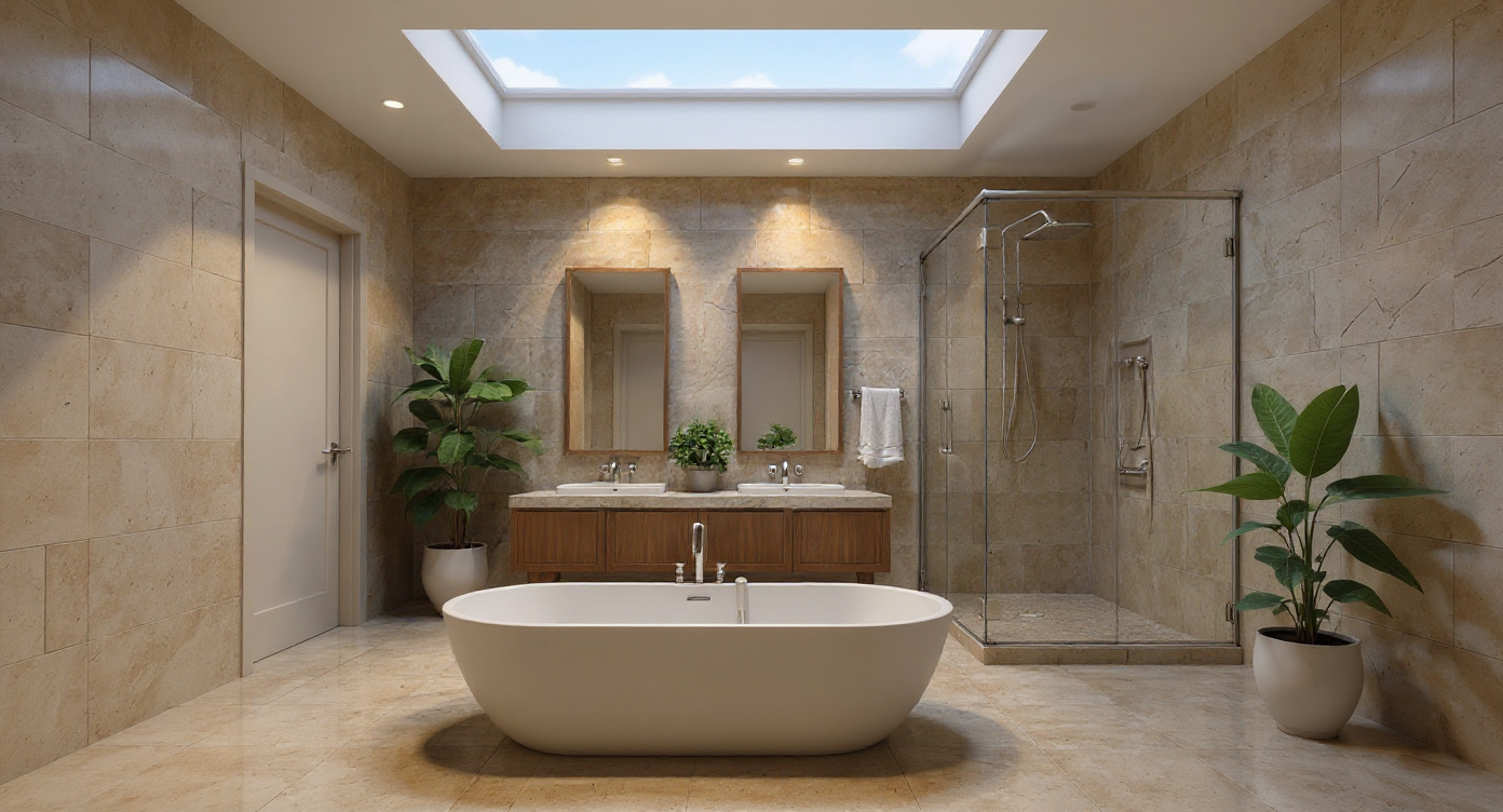 AI-generated photorealistic render of a contemporary bathroom with travertine tiles, freestanding bath, and skylight, Archvisio